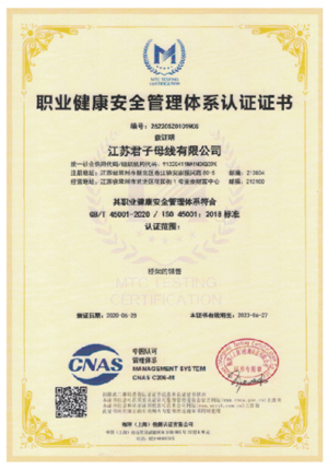 职业健康安全管理体系认证证书